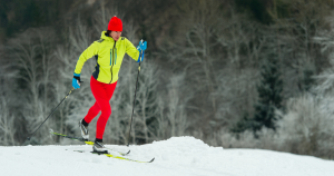 A woman cross country skiing.